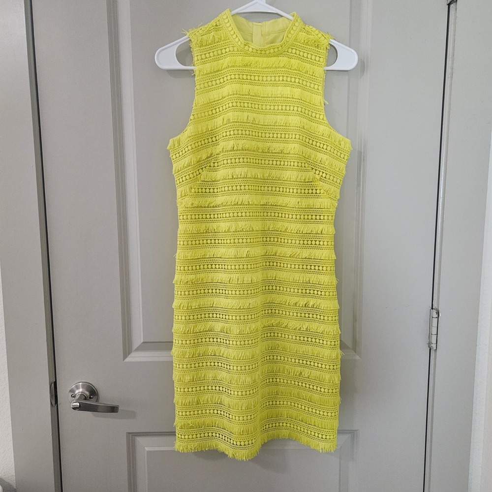 J. Crew Neon Yellow‎ Fringe Eyelet Lace Shift Dress Sleeveless Mock Neck Size 2